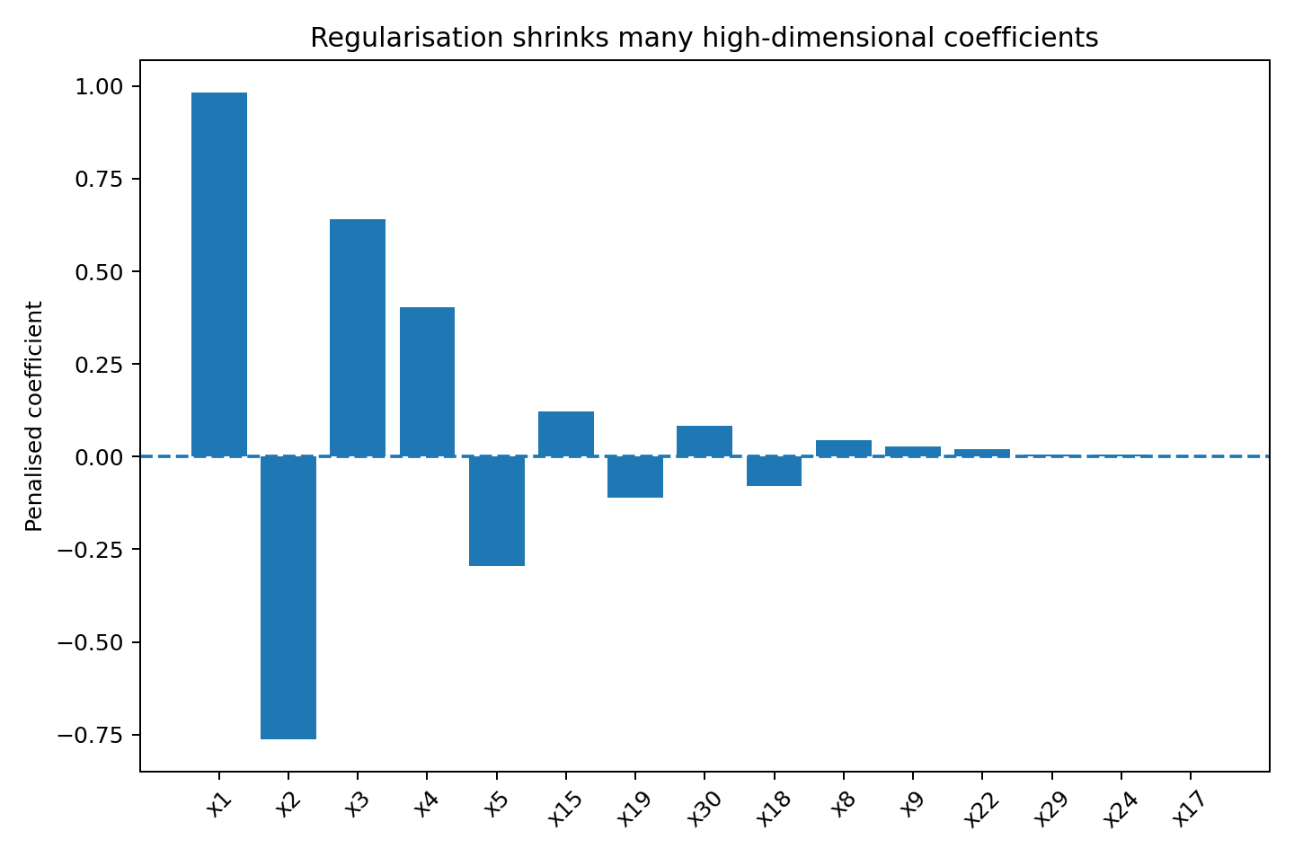 The largest penalised coefficients include a small subset of positive and negative predictors, while many other coefficients are shrunk to zero.